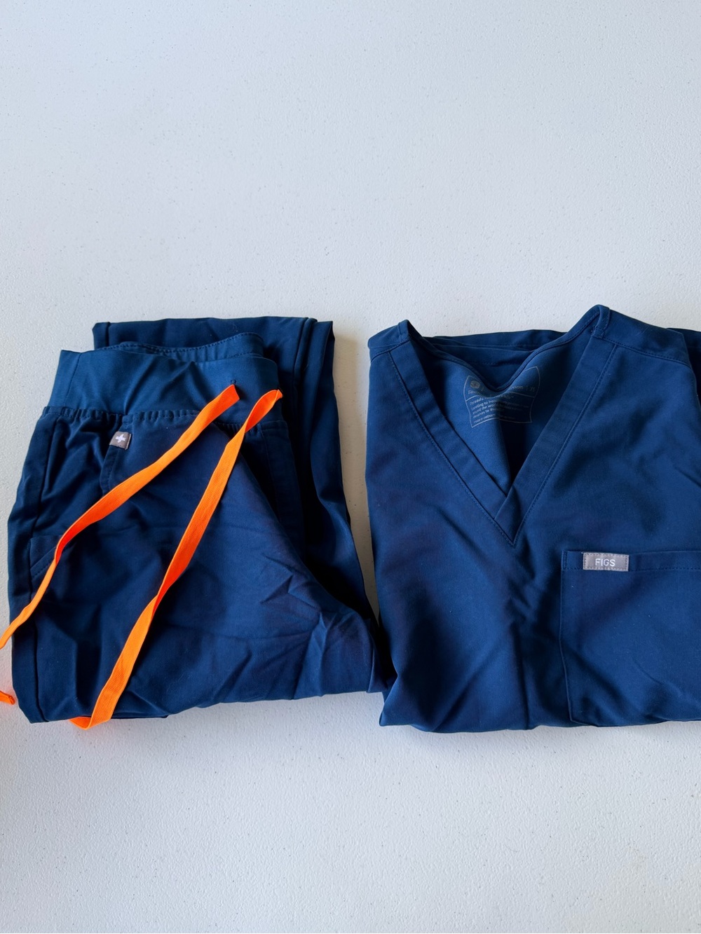 Figs Womens Navy Scrubs with Bright Orange Drawstrings